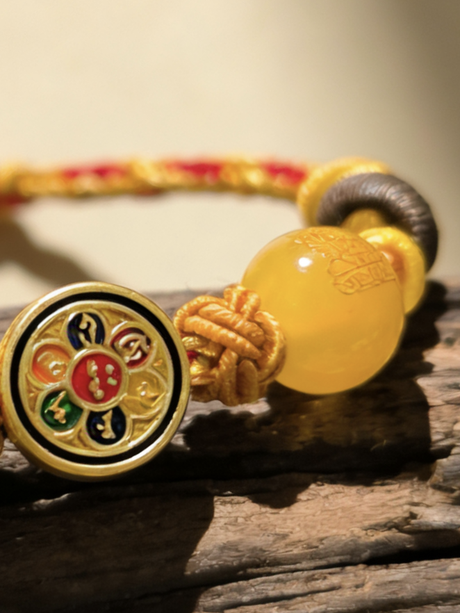 Year of the Ox Tai Sui Protection Bracelet – Triad Amulet & Yellow Agate Peace Handwoven Cord