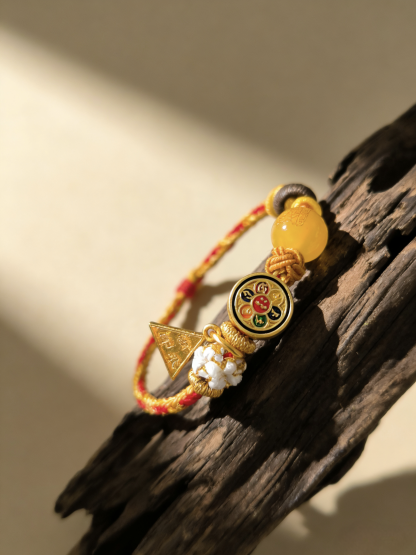 Year of the Ox Tai Sui Protection Bracelet – Triad Amulet & Yellow Agate Peace Handwoven Cord