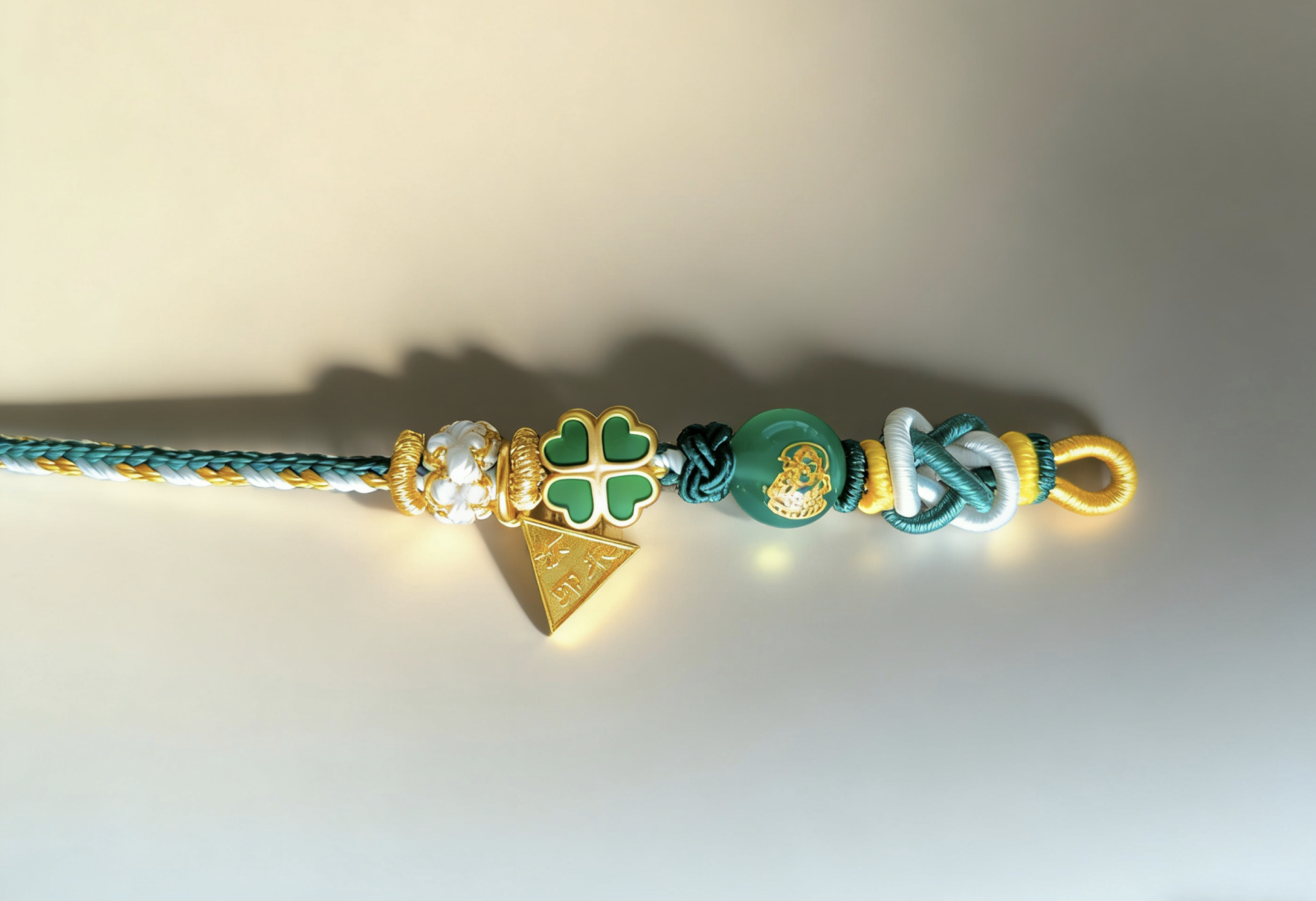 Year of the Rabbit Tai Sui Protection Bracelet – Four-Leaf Clover & Green Agate Handwoven Cord