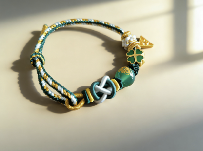 Year of the Rabbit Tai Sui Protection Bracelet – Four-Leaf Clover & Green Agate Handwoven Cord