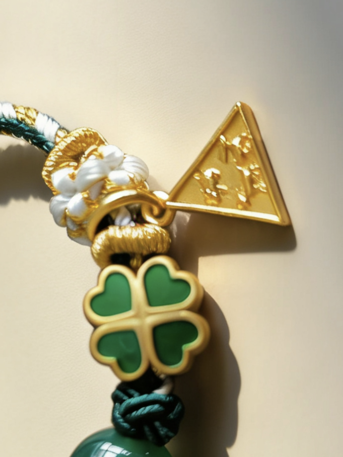Year of the Rabbit Tai Sui Protection Bracelet – Four-Leaf Clover & Green Agate Handwoven Cord