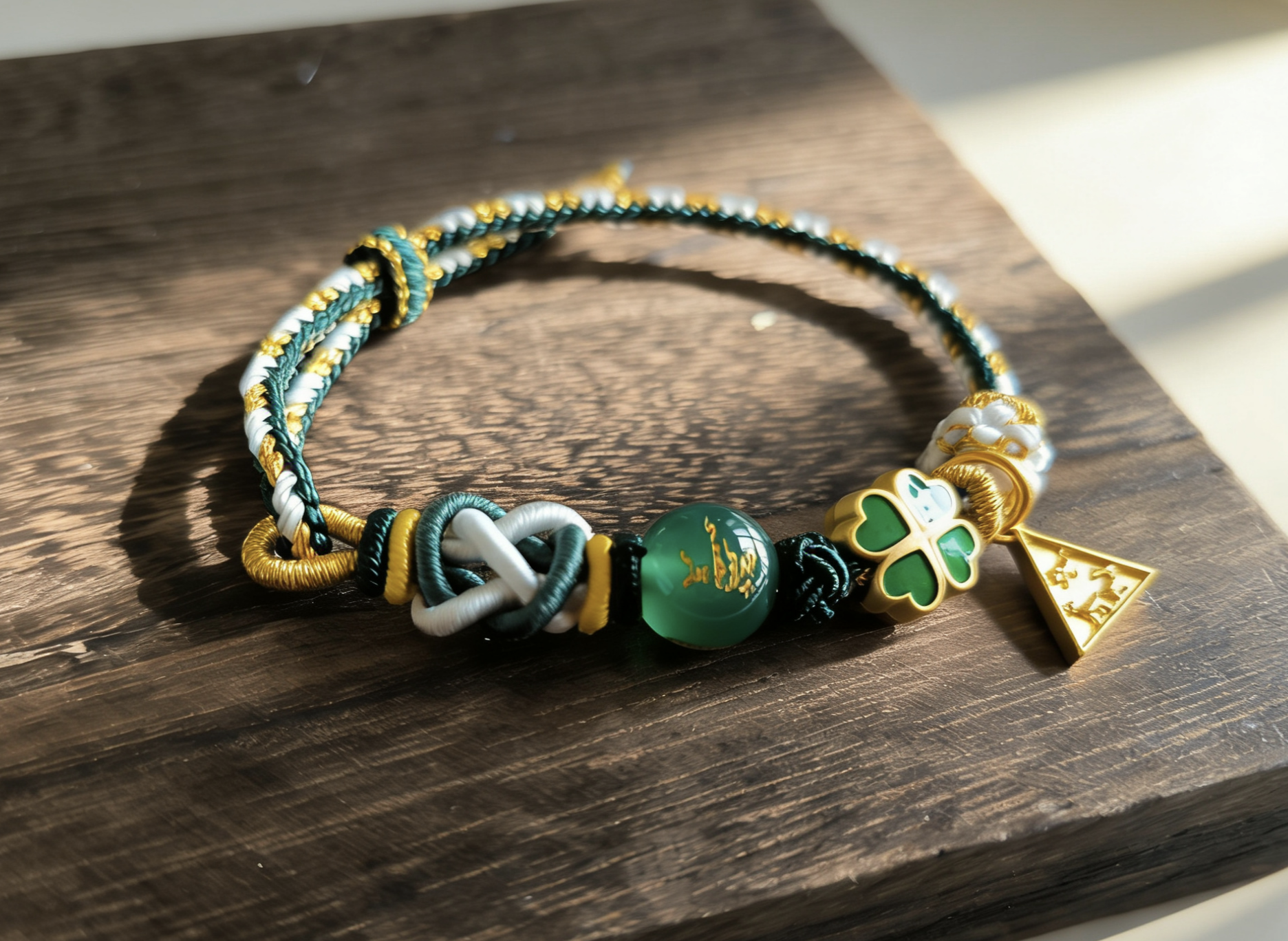 Year of the Rabbit Tai Sui Protection Bracelet – Four-Leaf Clover & Green Agate Handwoven Cord