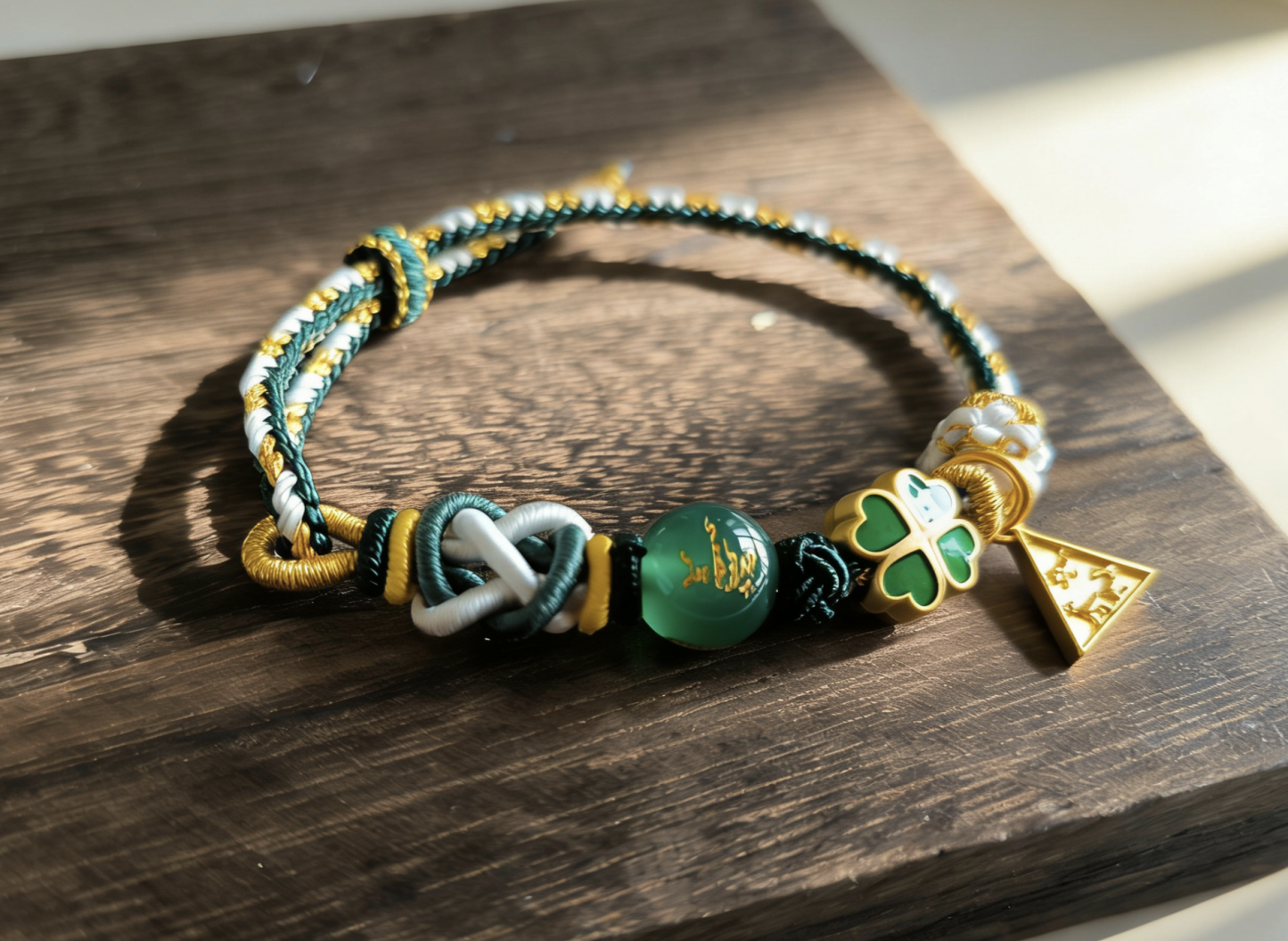 Year of the Rabbit Tai Sui Protection Bracelet – Four-Leaf Clover & Green Agate Handwoven Cord