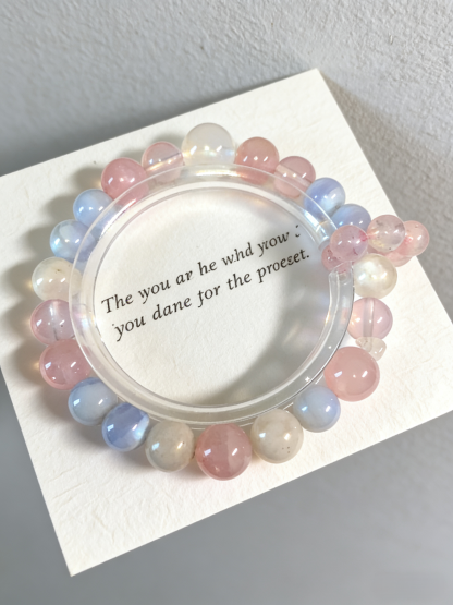 Snowy Fluff Stress Relief · White Snow Phantom & Rose Quartz Healing Bracelet, Blue Lace Agate Chip Calming Bracelet