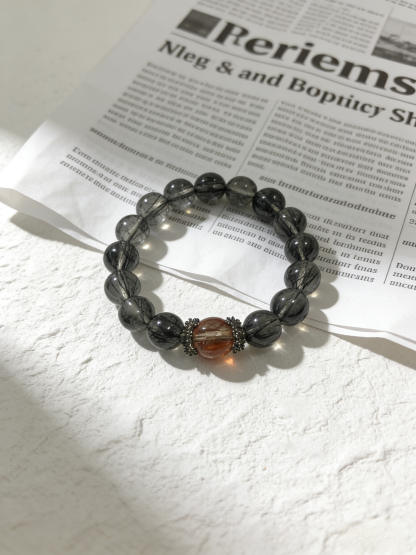 Black Hair Crystal & Rutilated Quartz Protection Bracelet - Evil-Warding Peaceful Crystal Bracelet 
