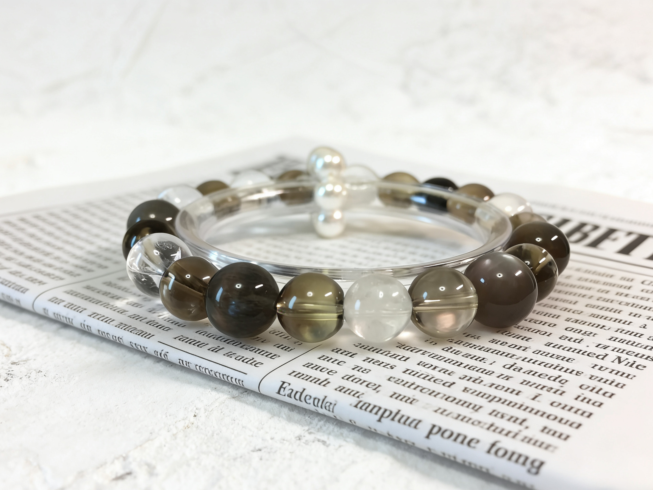 Moisturizing Healing · Tea Water & Black Skeletal Energy Bracelet, Silver Sheen Obsidian & Shell Pearl Sliding Ring Calming Bracelet