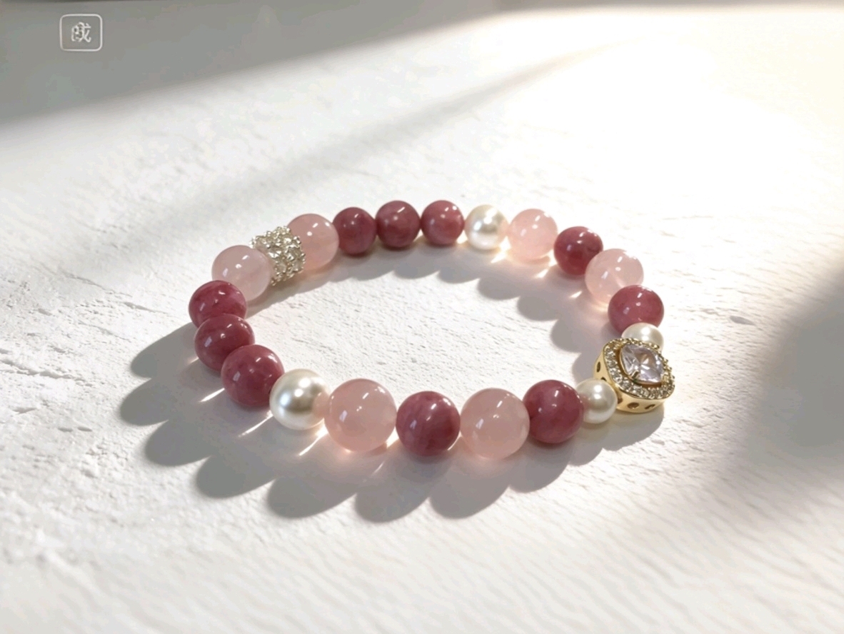 Rose Love Ballad · Rhodonite & Rose Quartz Happiness Bracelet, Artificial Shell Pearl Romantic Love Bracelet