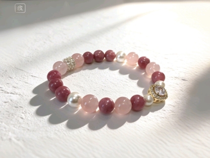 Rose Love Ballad · Rhodonite & Rose Quartz Happiness Bracelet, Artificial Shell Pearl Romantic Love Bracelet