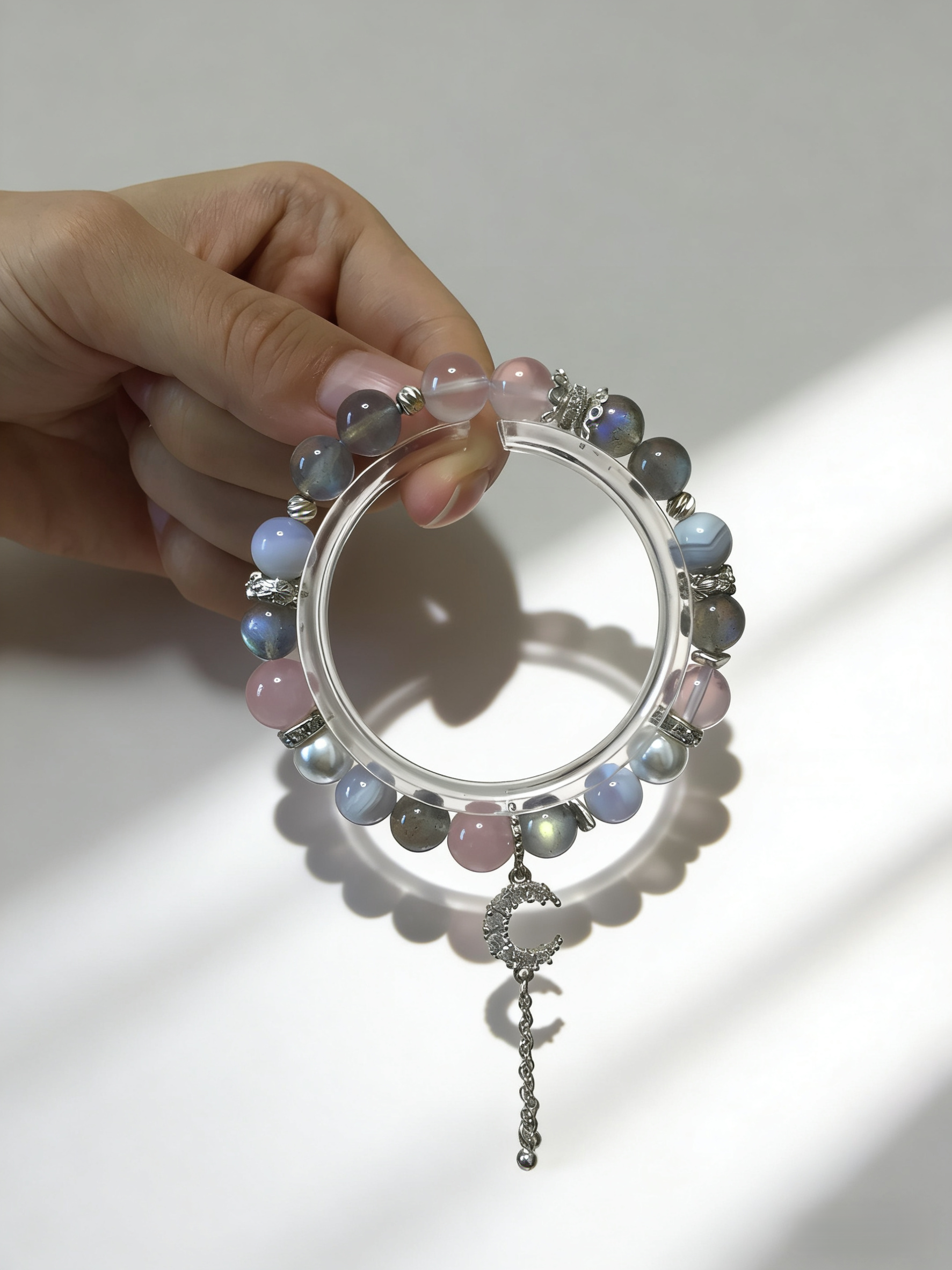 Pink Moon & Blue Connection · Transparent Rose Quartz & Gray Moonstone Love Bracelet, Blue Lace Agate Happiness Bracelet