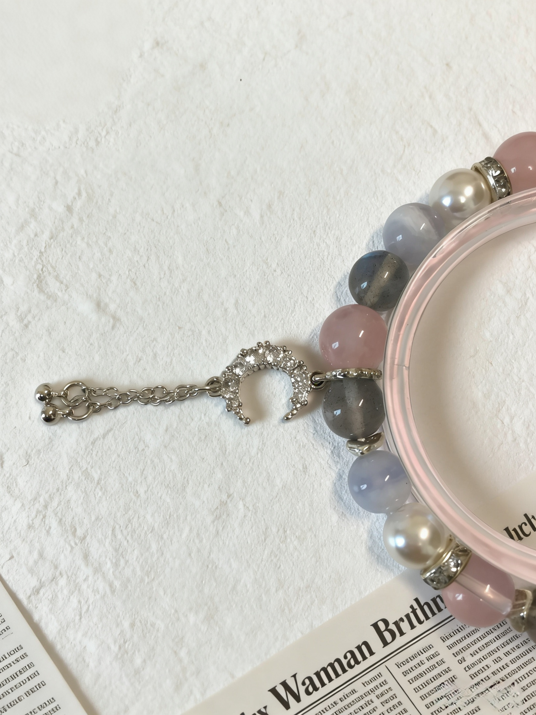 Pink Moon & Blue Connection · Transparent Rose Quartz & Gray Moonstone Love Bracelet, Blue Lace Agate Happiness Bracelet