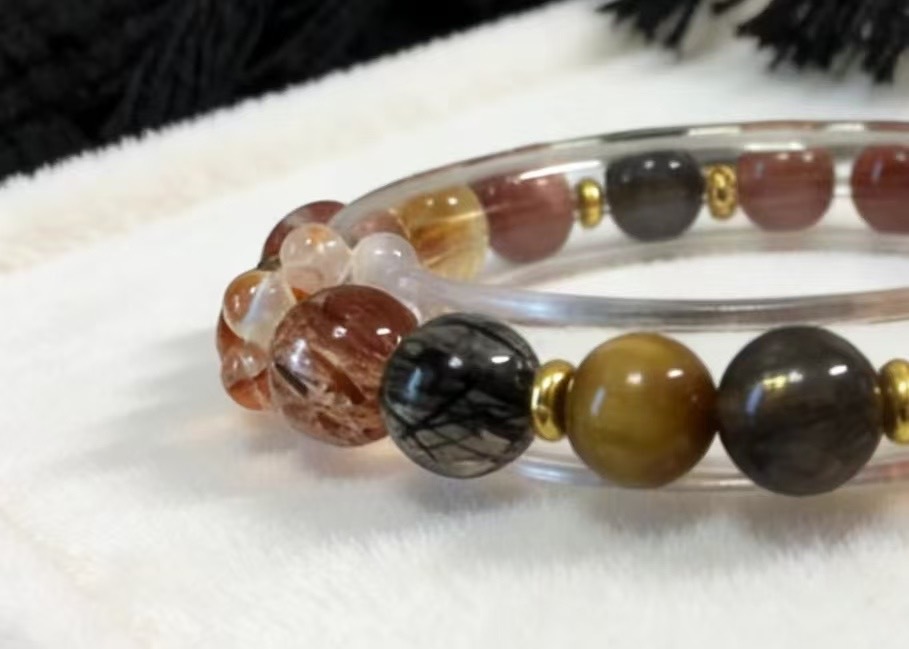 Mysterious Radiance Attracts Wealth · Black-Gold Energy Career Crystal Bracelet, Golden Tiger's Eye & Black Super Seven Luck-Boosting Bracelet