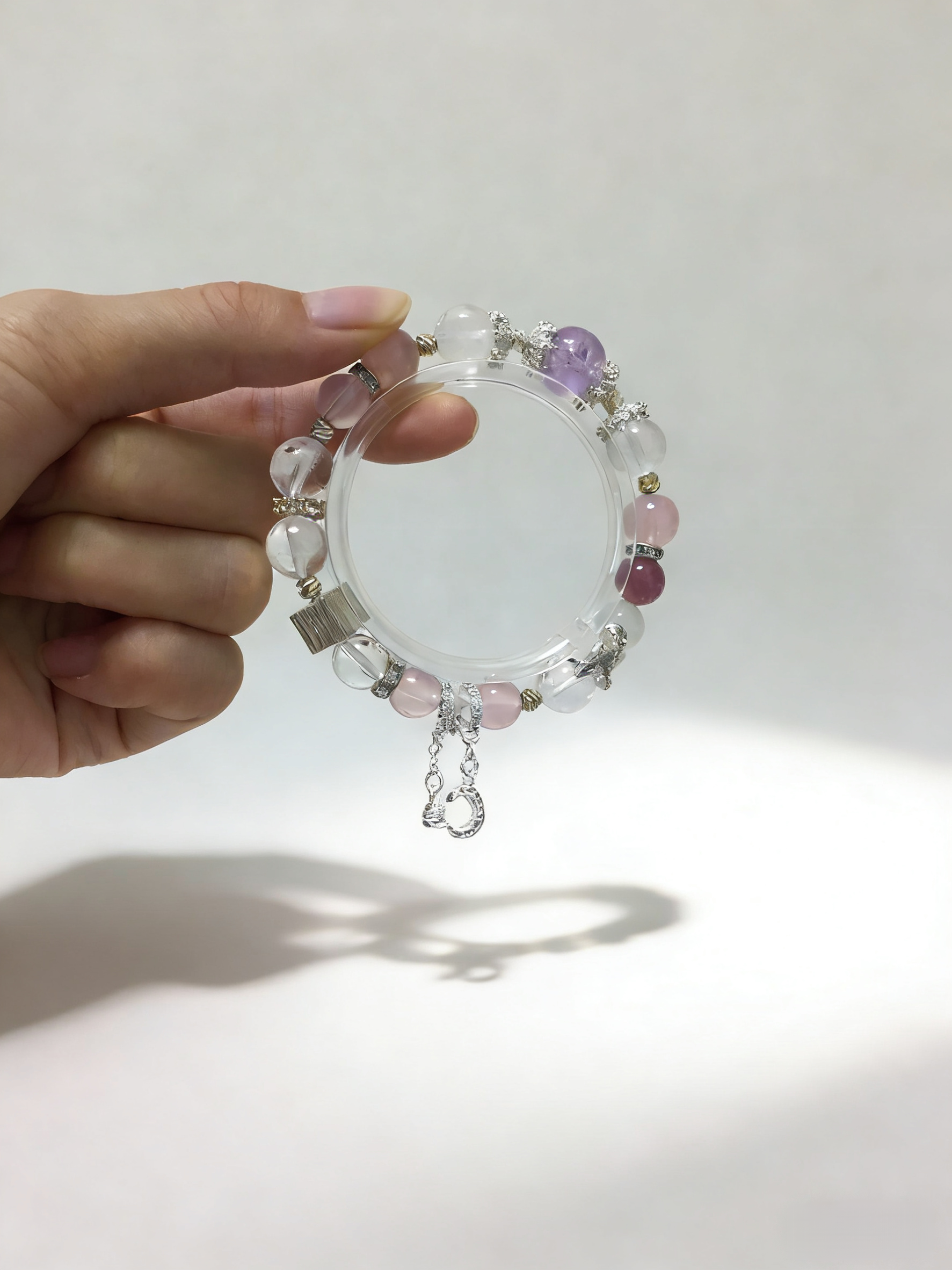 Purple-Pink Love Affair · Madagascar Rose Quartz & Amethyst Bracelet, White Moonstone Bracelet for Attracting Positive Romantic Encounters & Happiness