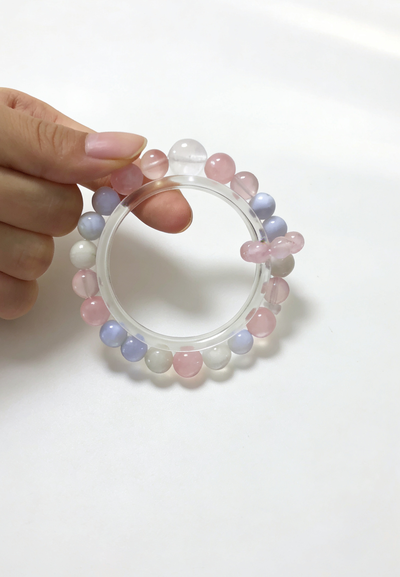 Snowy Fluff Stress Relief · White Snow Phantom & Rose Quartz Healing Bracelet, Blue Lace Agate Chip Calming Bracelet