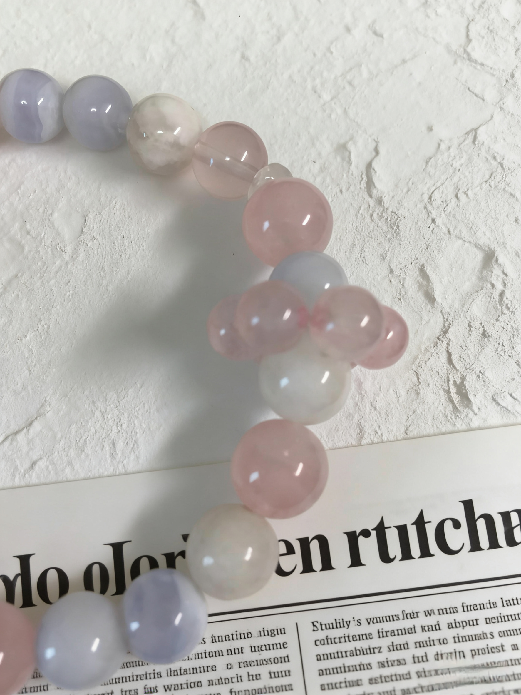 Snowy Fluff Stress Relief · White Snow Phantom & Rose Quartz Healing Bracelet, Blue Lace Agate Chip Calming Bracelet