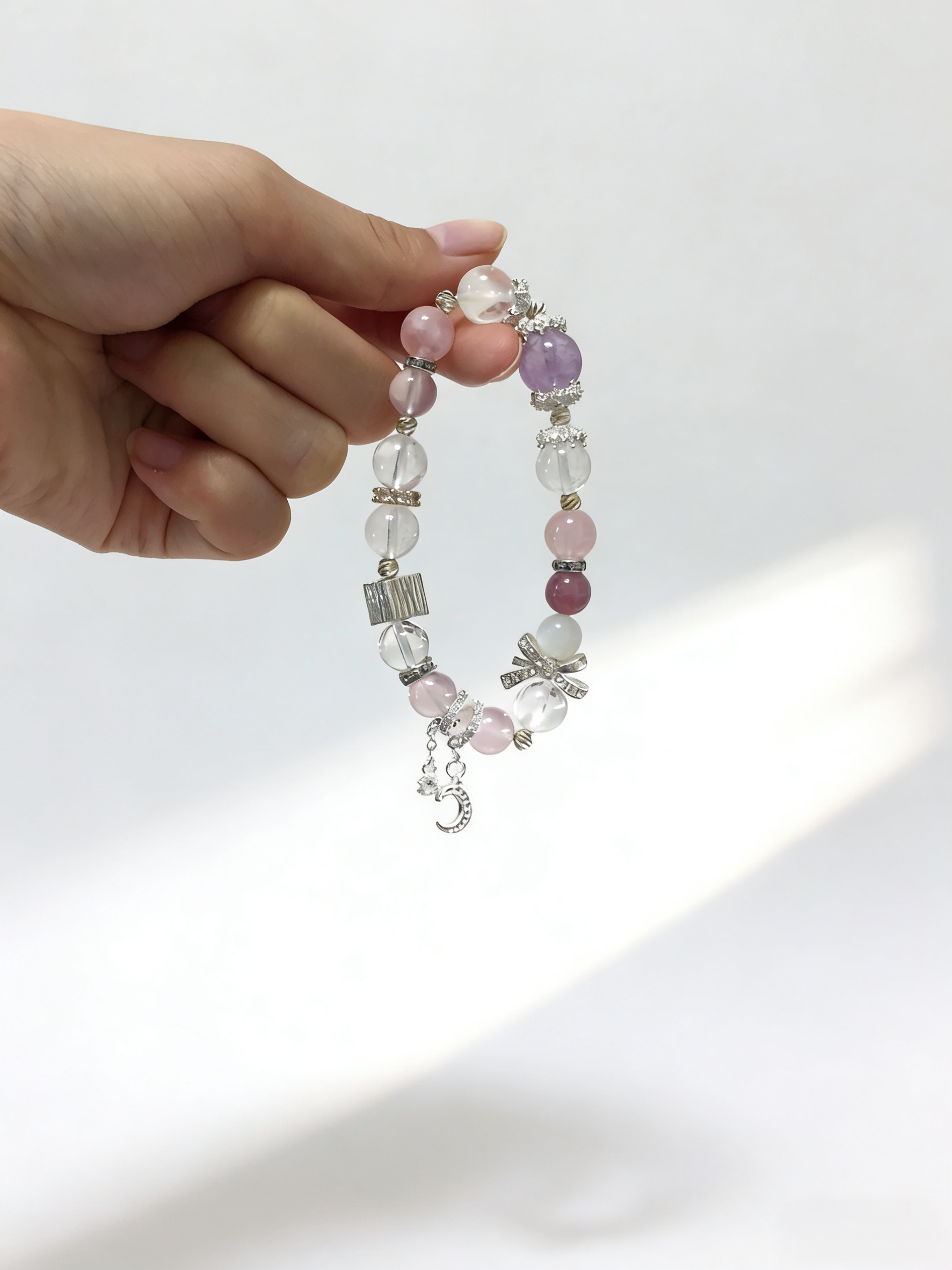 Purple-Pink Love Affair · Madagascar Rose Quartz & Amethyst Bracelet, White Moonstone Bracelet for Attracting Positive Romantic Encounters & Happiness