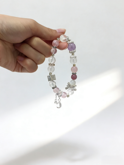 Purple-Pink Love Affair · Madagascar Rose Quartz & Amethyst Bracelet, White Moonstone Bracelet for Attracting Positive Romantic Encounters & Happiness