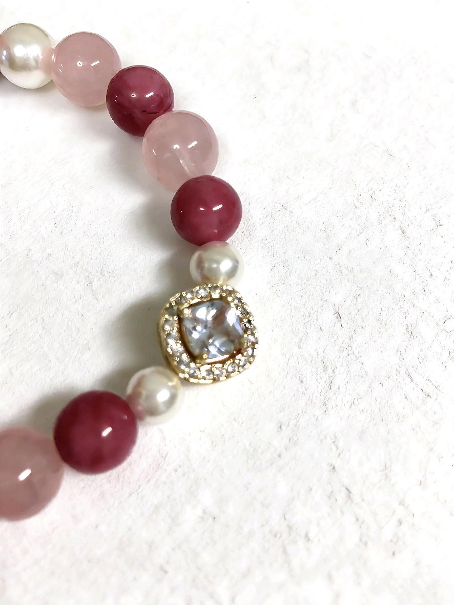 Rose Love Ballad · Rhodonite & Rose Quartz Happiness Bracelet, Artificial Shell Pearl Romantic Love Bracelet