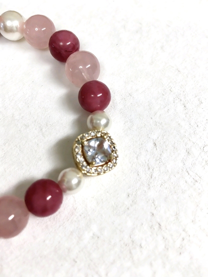 Rose Love Ballad · Rhodonite & Rose Quartz Happiness Bracelet, Artificial Shell Pearl Romantic Love Bracelet