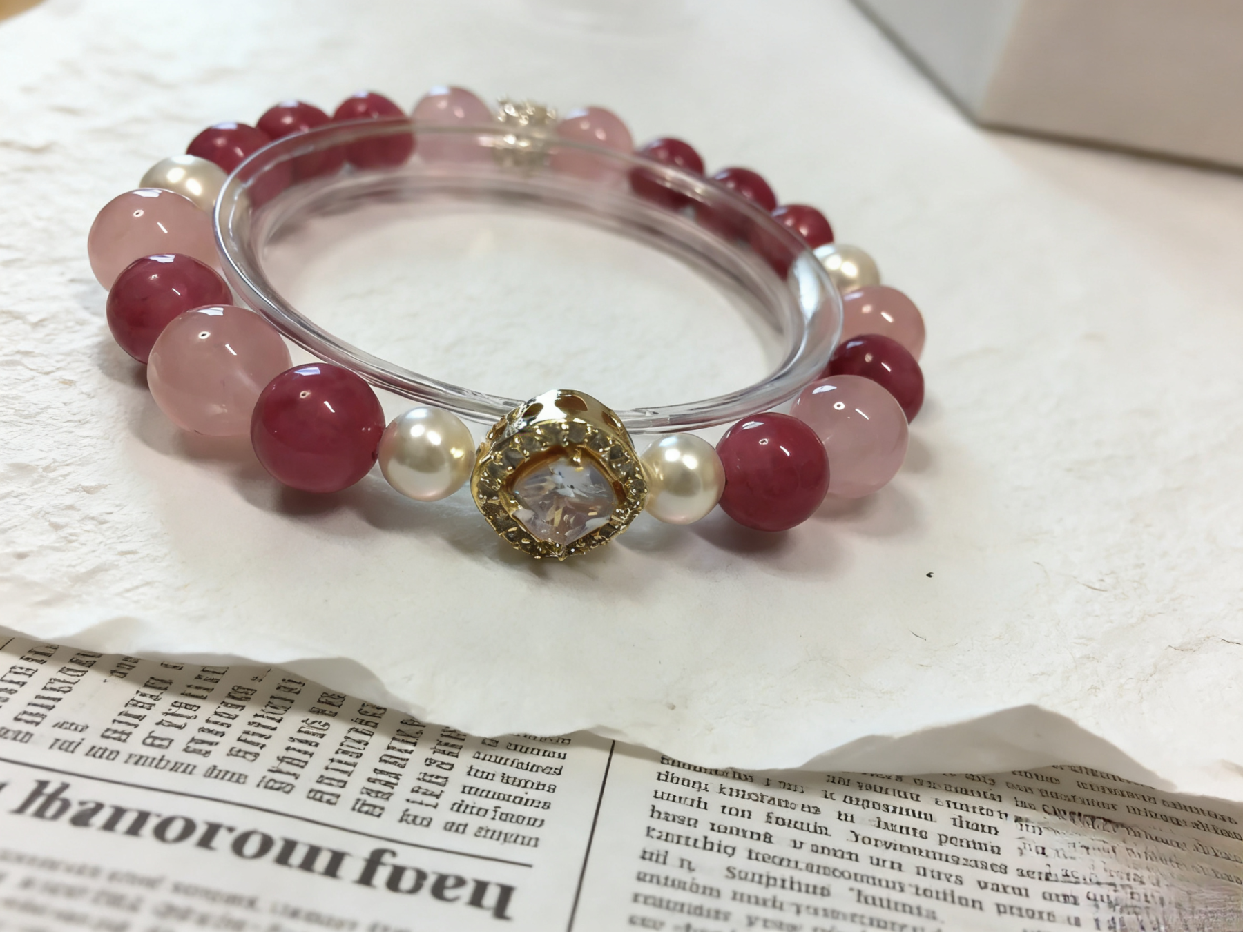 Rose Love Ballad · Rhodonite & Rose Quartz Happiness Bracelet, Artificial Shell Pearl Romantic Love Bracelet