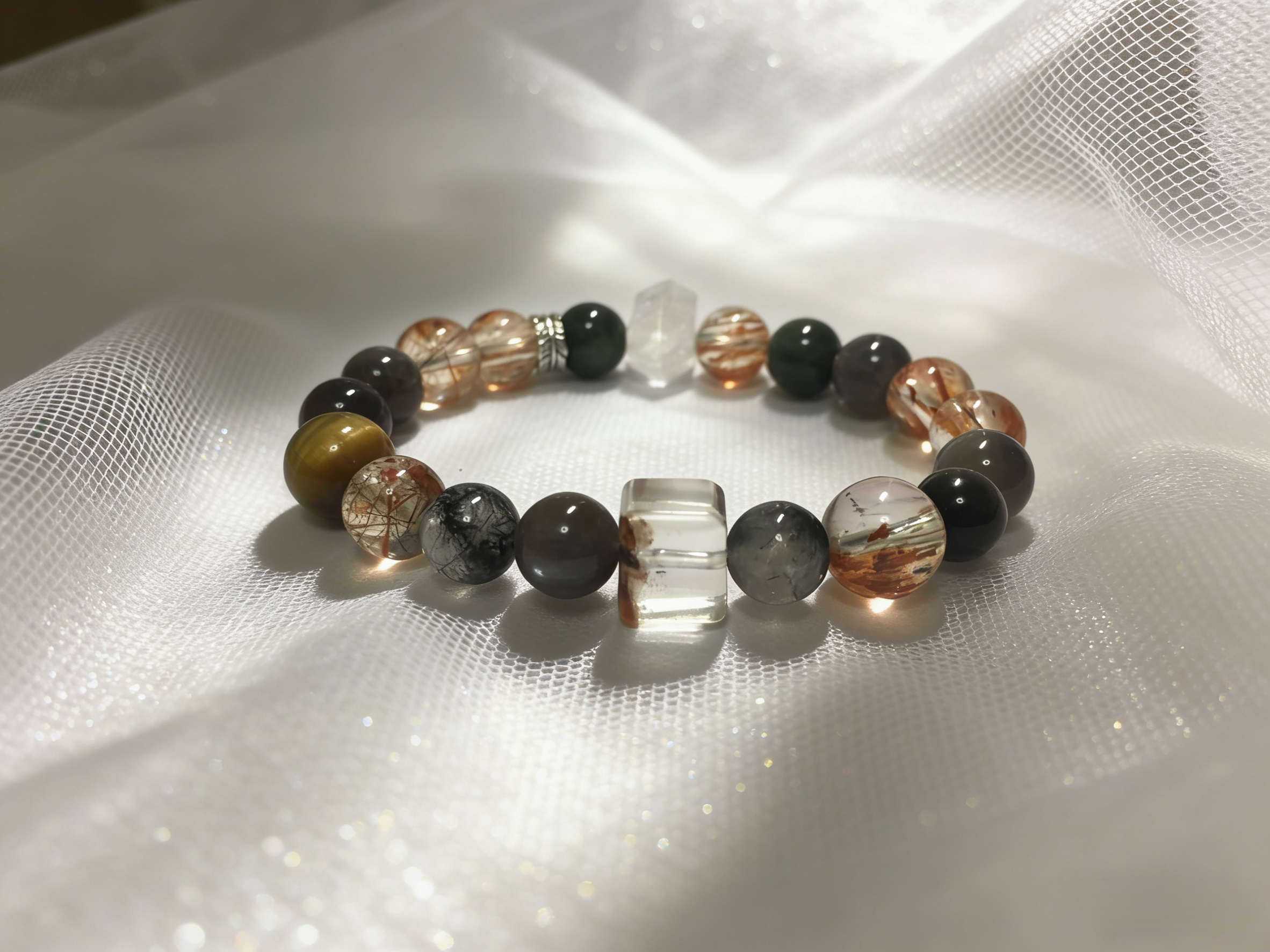 Super Seven High-Energy Multi-Crystal Protection Bracelet - Super Seven Cube & Tiger Eye Peace Bracelet 
