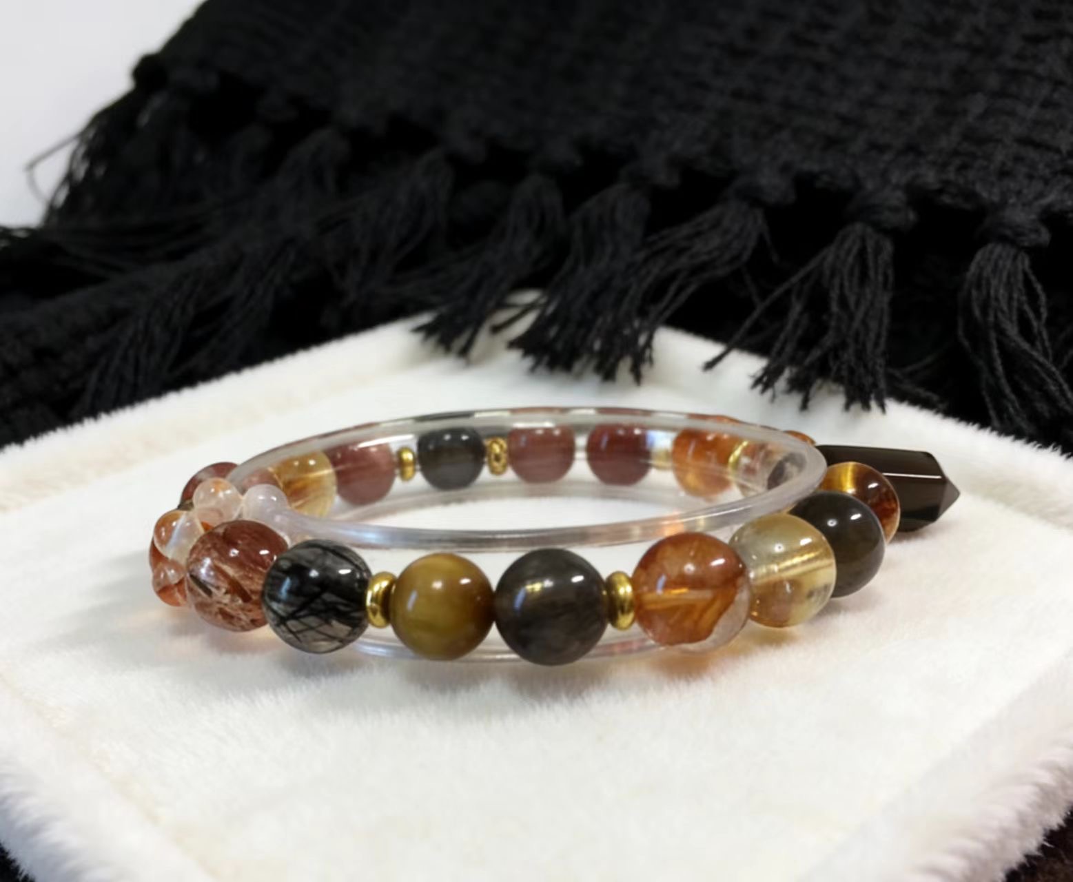 Mysterious Radiance Attracts Wealth · Black-Gold Energy Career Crystal Bracelet, Golden Tiger's Eye & Black Super Seven Luck-Boosting Bracelet