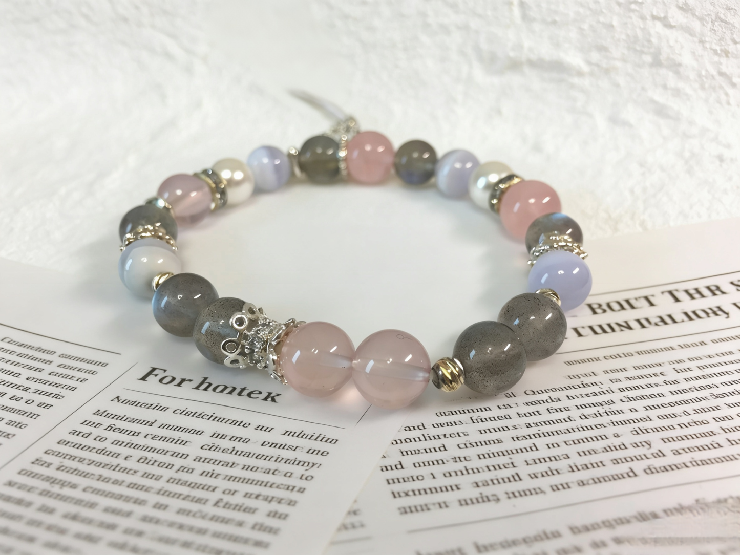 Pink Moon & Blue Connection · Transparent Rose Quartz & Gray Moonstone Love Bracelet, Blue Lace Agate Happiness Bracelet