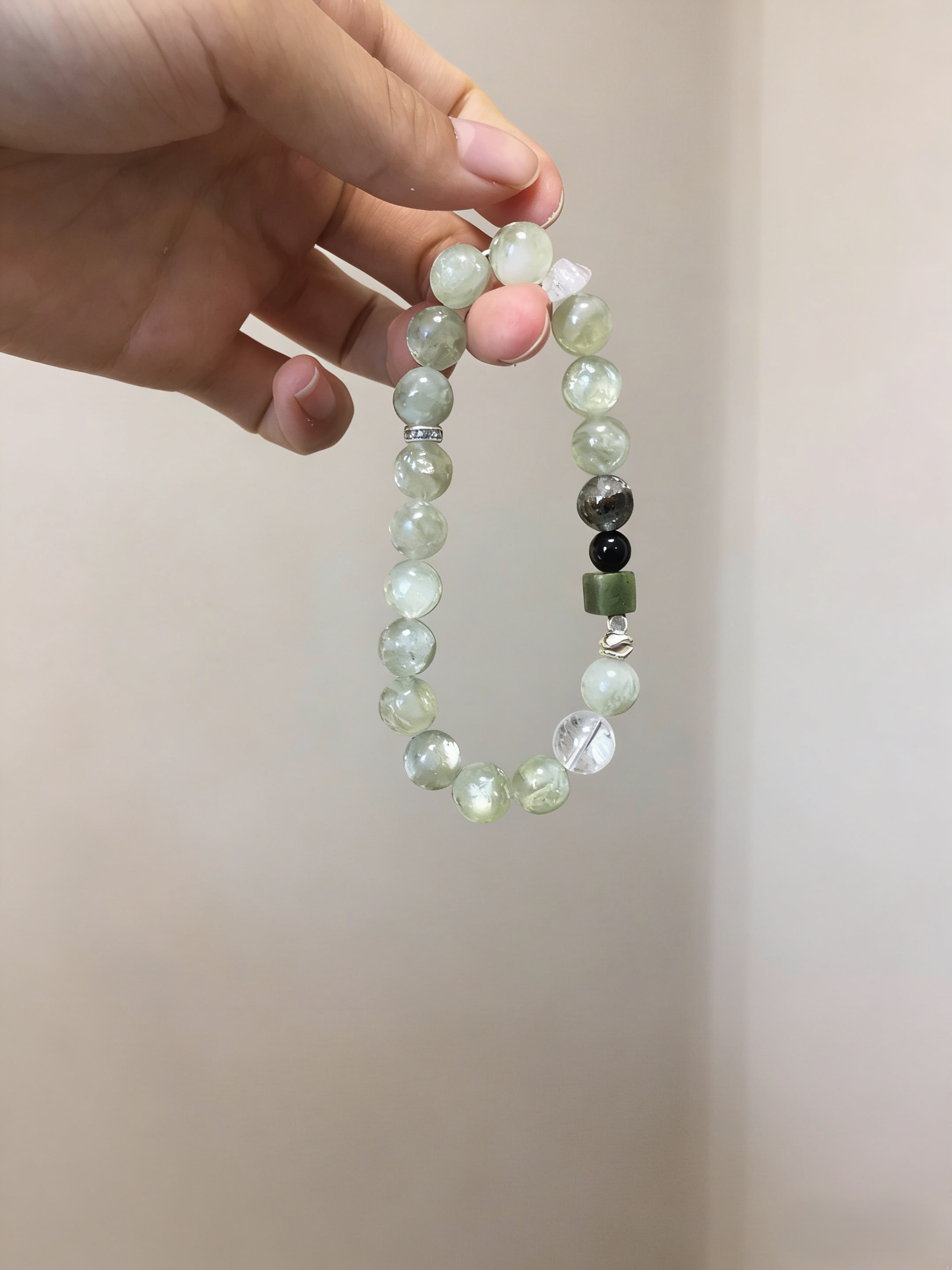 Forest Spirit Healing · Seraphinite & Flower Phantom Energy Bracelet, Green Grape Milk Cap Nephrite Square Calming Bracelet