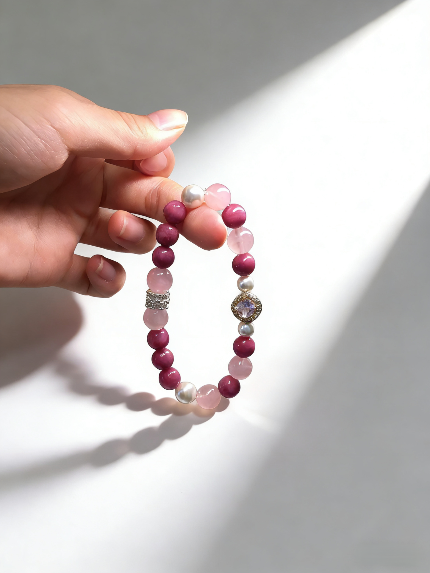 Rose Love Ballad · Rhodonite & Rose Quartz Happiness Bracelet, Artificial Shell Pearl Romantic Love Bracelet