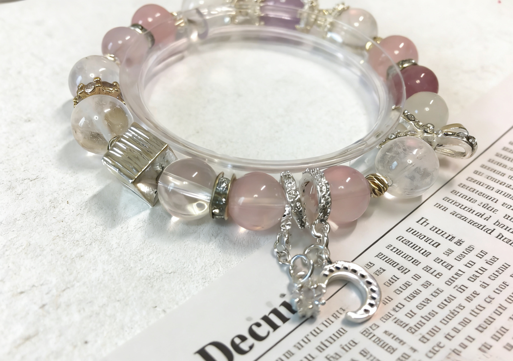Purple-Pink Love Affair · Madagascar Rose Quartz & Amethyst Bracelet, White Moonstone Bracelet for Attracting Positive Romantic Encounters & Happiness