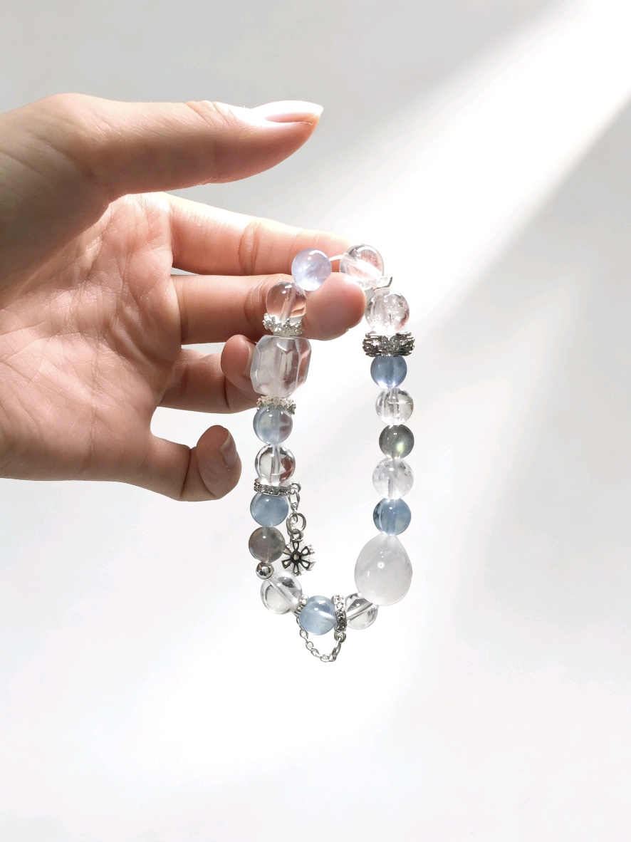 Product Title：Haiyue Sends Affection · Aquamarine & Gray Moonstone Love Bracelet, White Crystal Bracelet for Attracting Romantic Connections & Happiness