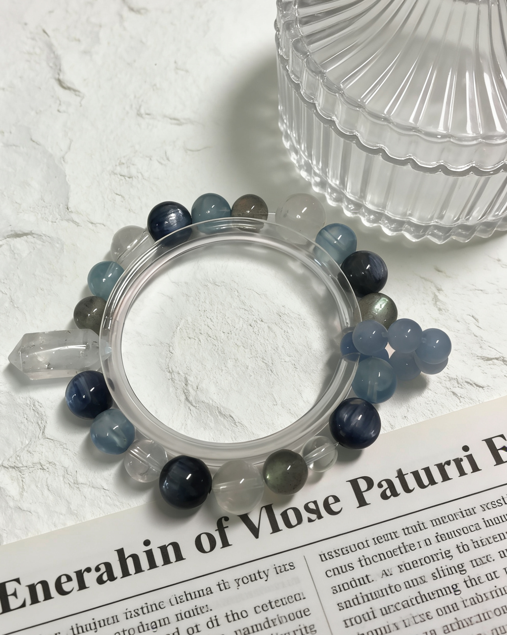 Blue Moon Double Terminated · Aquamarine & Kyanite Healing Bracelet, Gray Moonstone & White Crystal Double Terminated Calming Bracelet