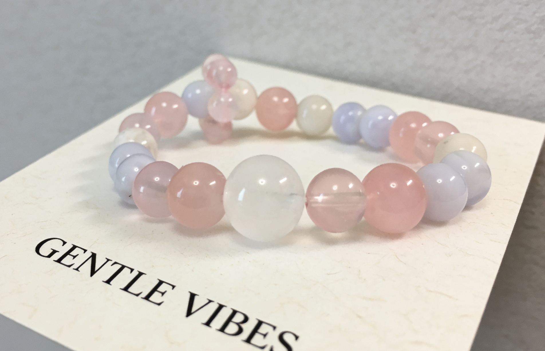 Snowy Fluff Stress Relief · White Snow Phantom & Rose Quartz Healing Bracelet, Blue Lace Agate Chip Calming Bracelet
