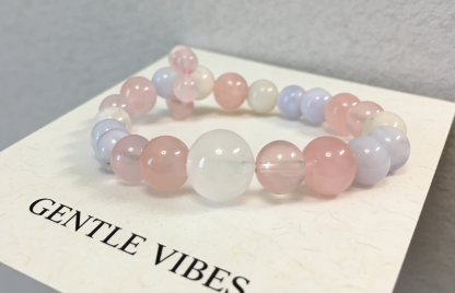 Snowy Fluff Stress Relief · White Snow Phantom & Rose Quartz Healing Bracelet, Blue Lace Agate Chip Calming Bracelet
