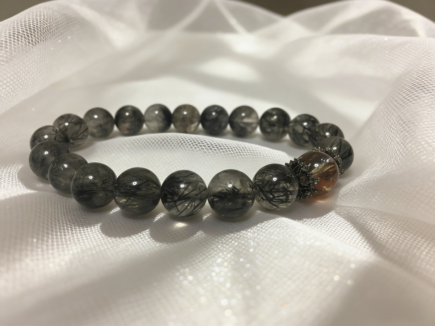 Black Hair Crystal & Rutilated Quartz Protection Bracelet - Evil-Warding Peaceful Crystal Bracelet 