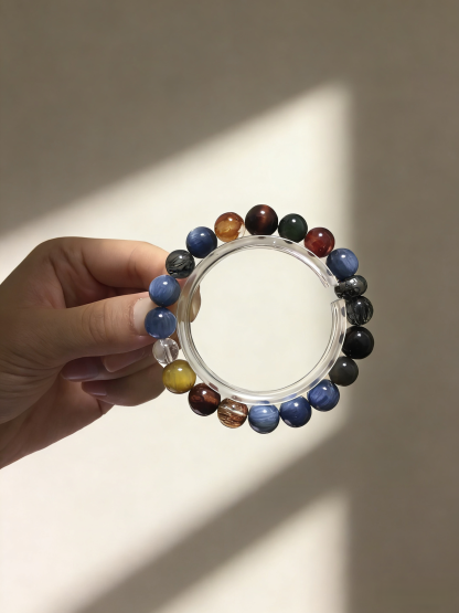 Three-Color Tiger Eye Full-Dimensional Protection Bracelet - Kyanite & Black Hair Crystal Peace Bracelet 