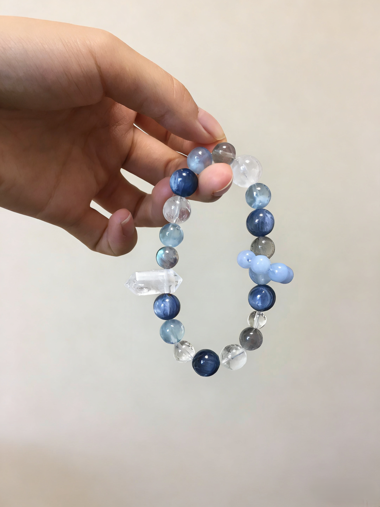 Blue Moon Double Terminated · Aquamarine & Kyanite Healing Bracelet, Gray Moonstone & White Crystal Double Terminated Calming Bracelet