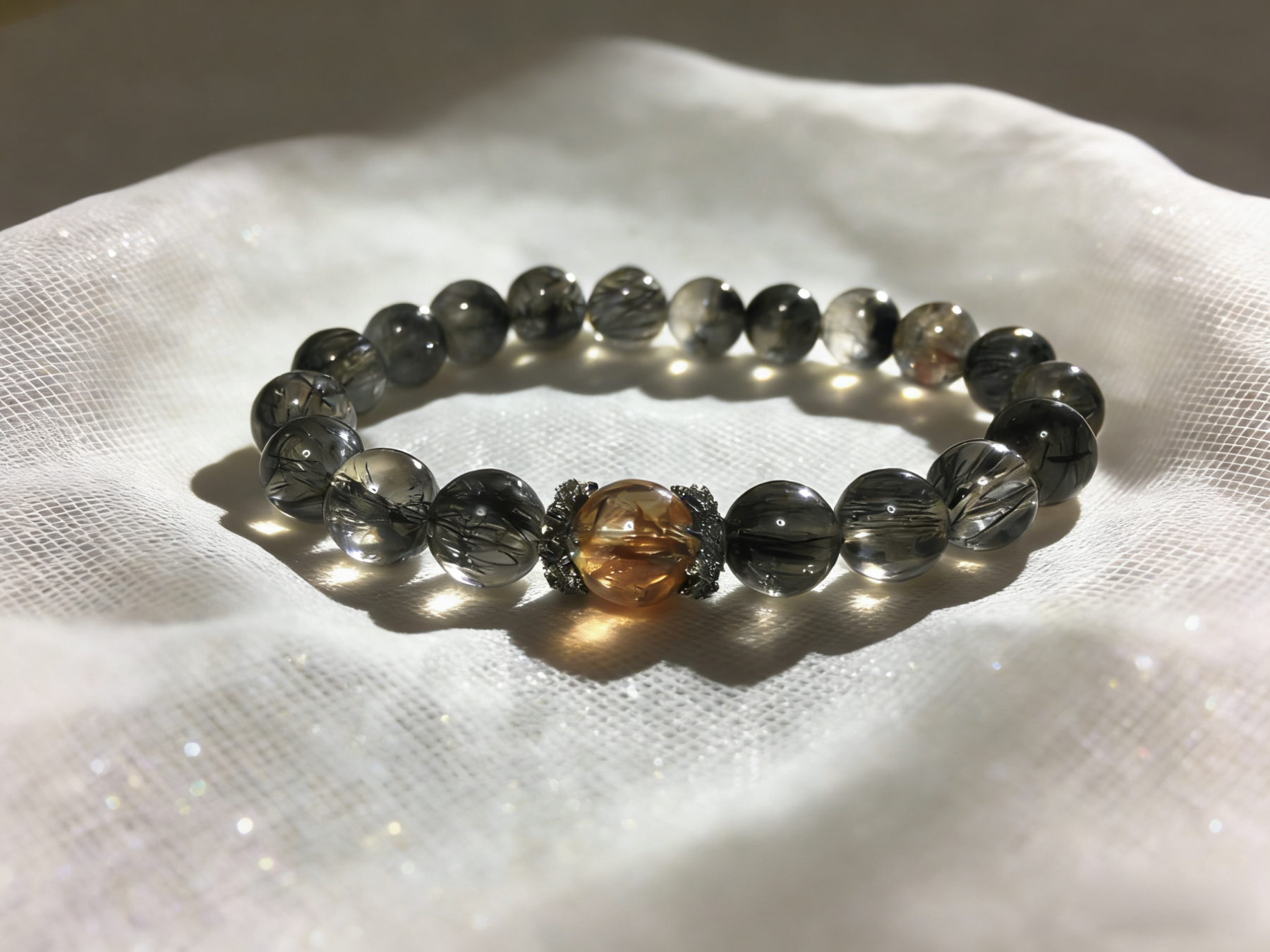 Black Hair Crystal & Rutilated Quartz Protection Bracelet - Evil-Warding Peaceful Crystal Bracelet 