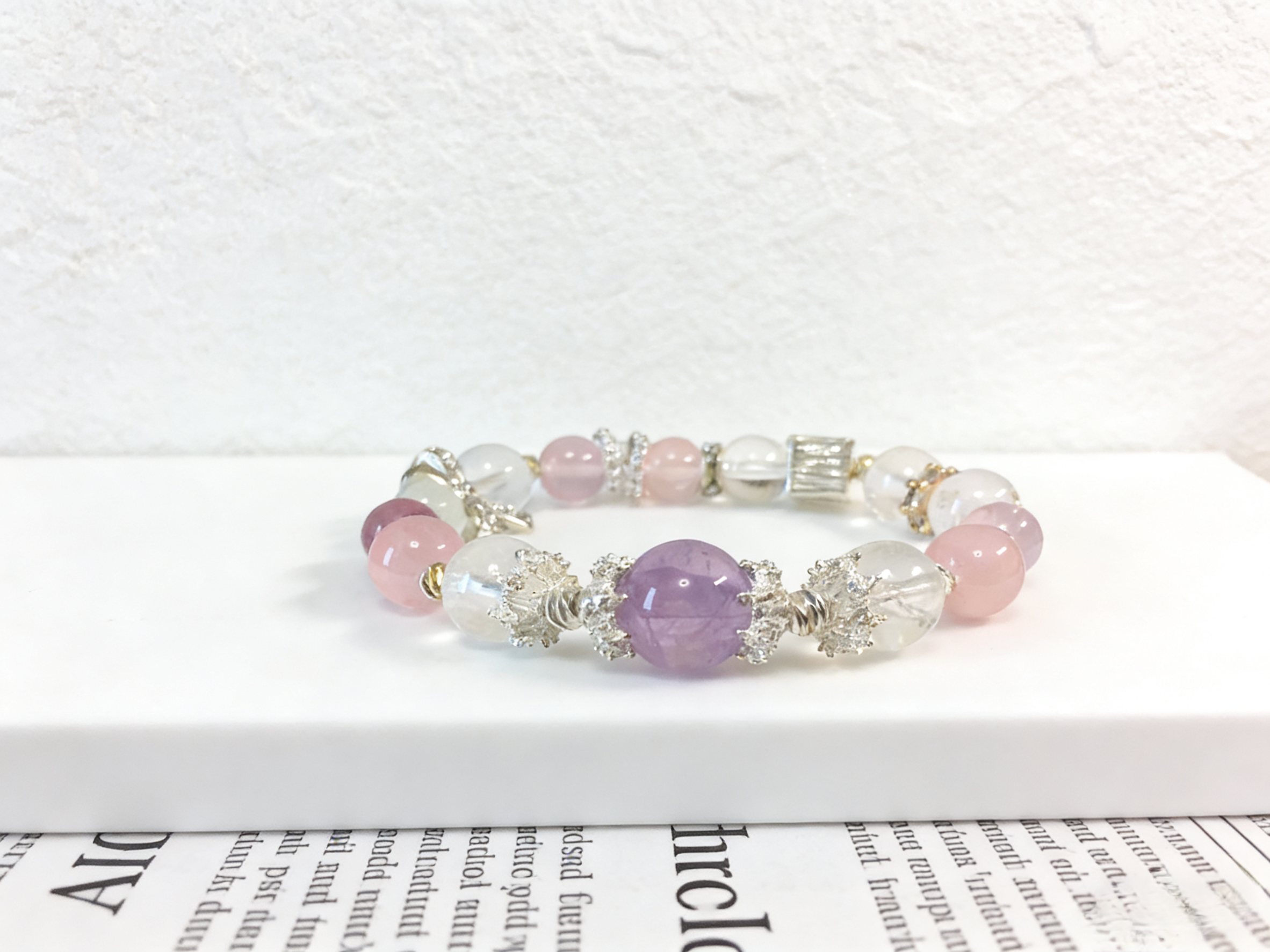 Purple-Pink Love Affair · Madagascar Rose Quartz & Amethyst Bracelet, White Moonstone Bracelet for Attracting Positive Romantic Encounters & Happiness