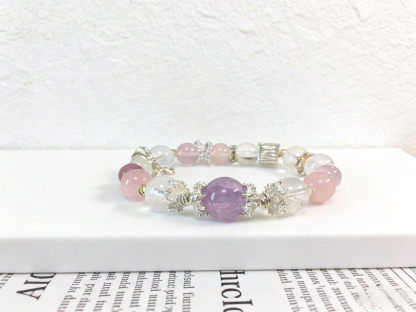 Purple-Pink Love Affair · Madagascar Rose Quartz & Amethyst Bracelet, White Moonstone Bracelet for Attracting Positive Romantic Encounters & Happiness