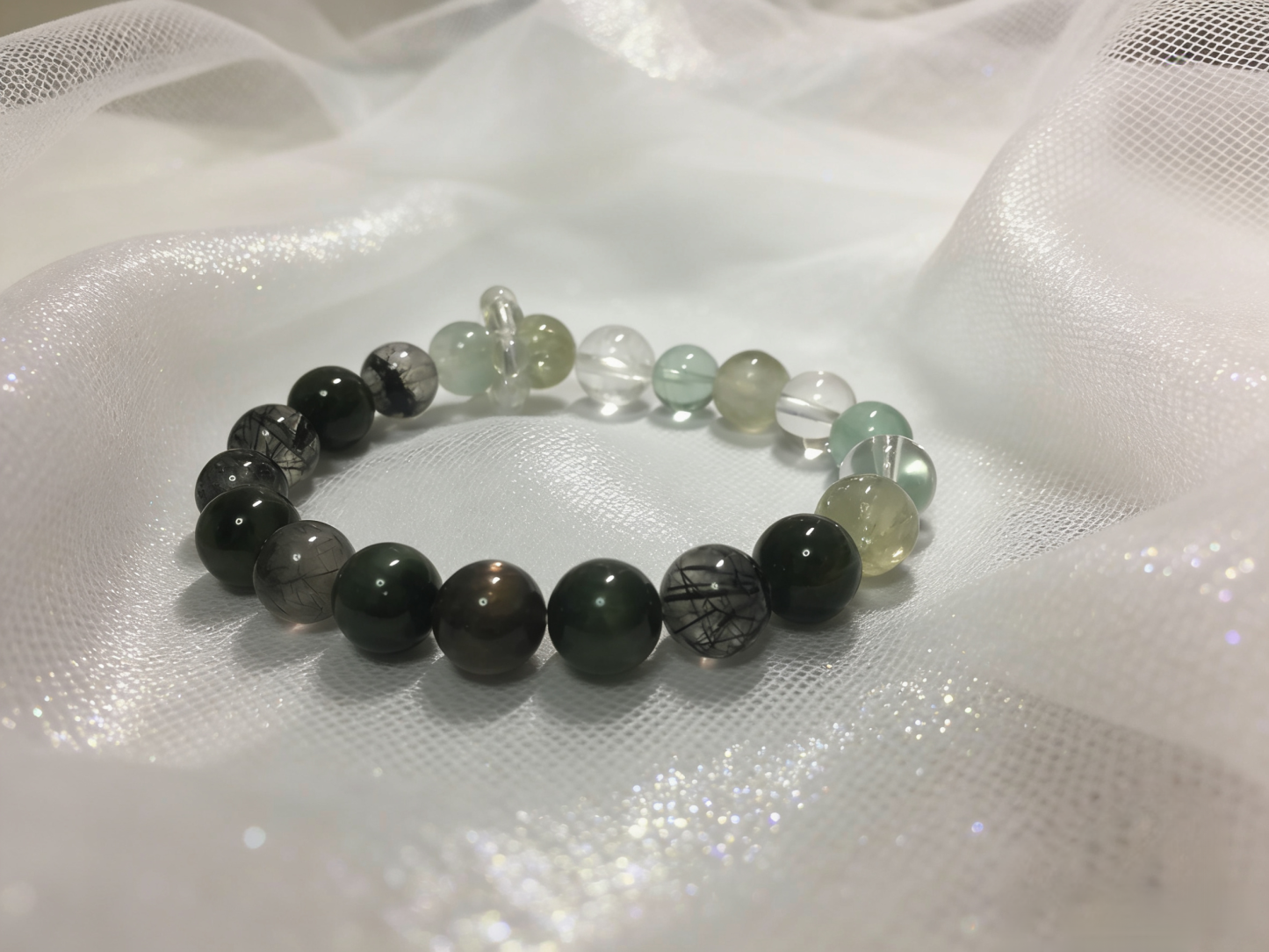 Fluorescent Green Sleep·Green Fluorite Multi-Crystal Sleep-Aiding Bracelet - Green Dragon Crystal & Black Tourmaline Soothing Bracelet 