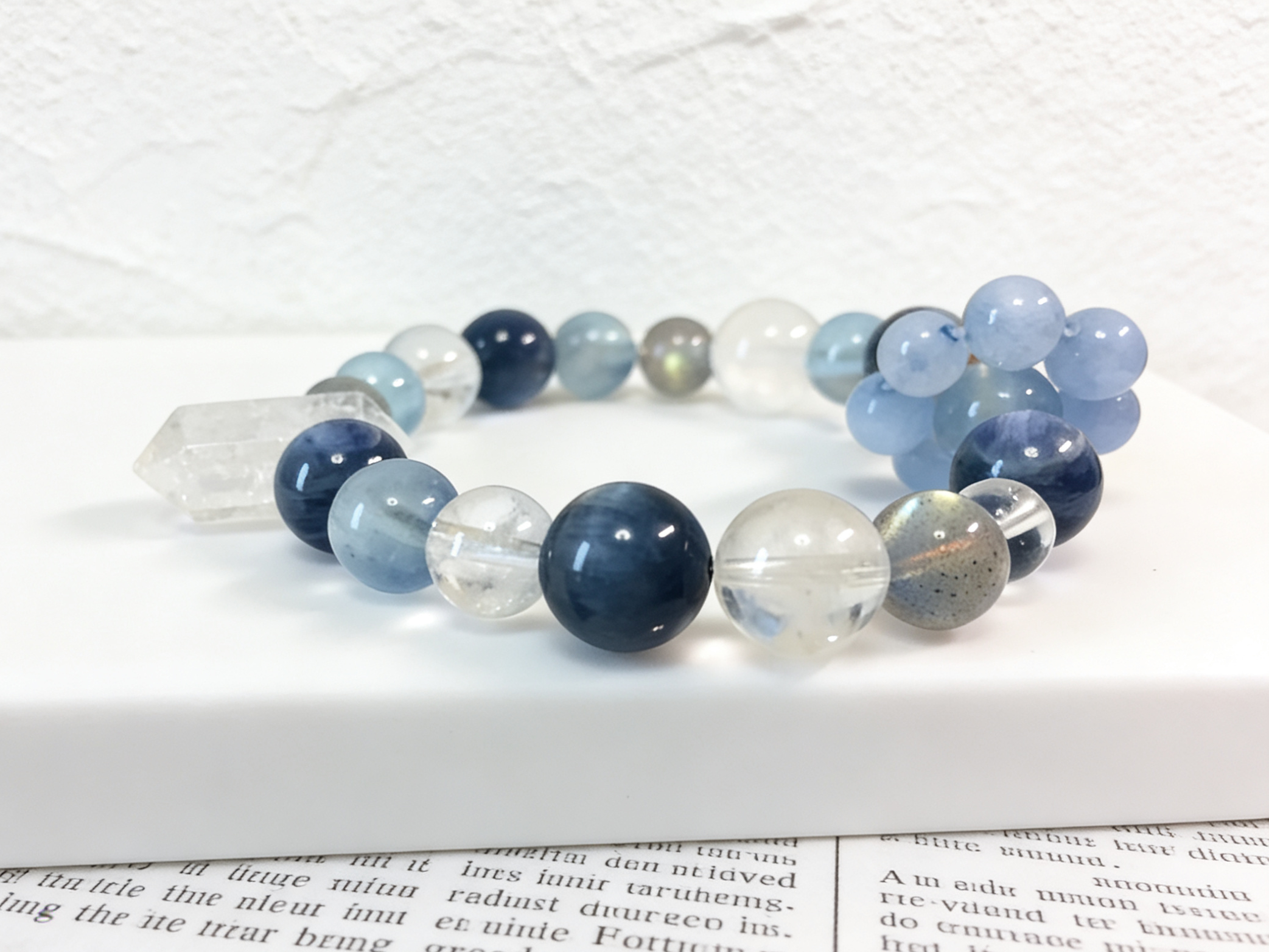 Blue Moon Double Terminated · Aquamarine & Kyanite Healing Bracelet, Gray Moonstone & White Crystal Double Terminated Calming Bracelet