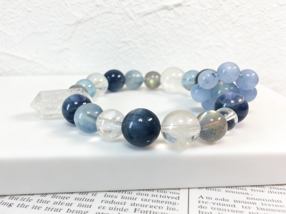 Blue Moon Double Terminated · Aquamarine & Kyanite Healing Bracelet, Gray Moonstone & White Crystal Double Terminated Calming Bracelet