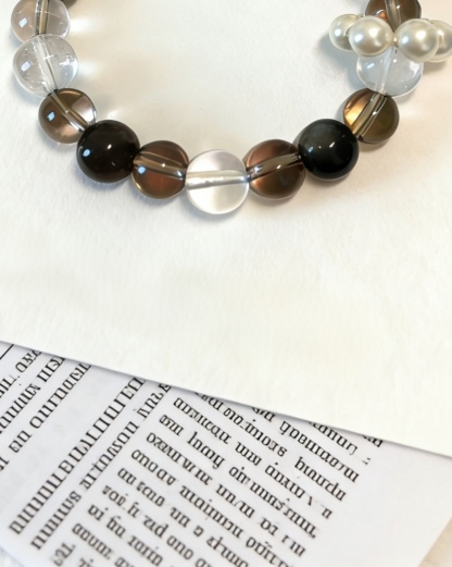 Moisturizing Healing · Tea Water & Black Skeletal Energy Bracelet, Silver Sheen Obsidian & Shell Pearl Sliding Ring Calming Bracelet