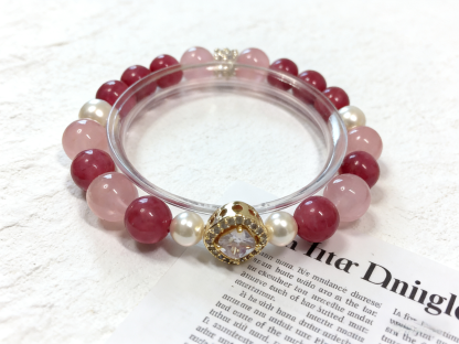 Rose Love Ballad · Rhodonite & Rose Quartz Happiness Bracelet, Artificial Shell Pearl Romantic Love Bracelet