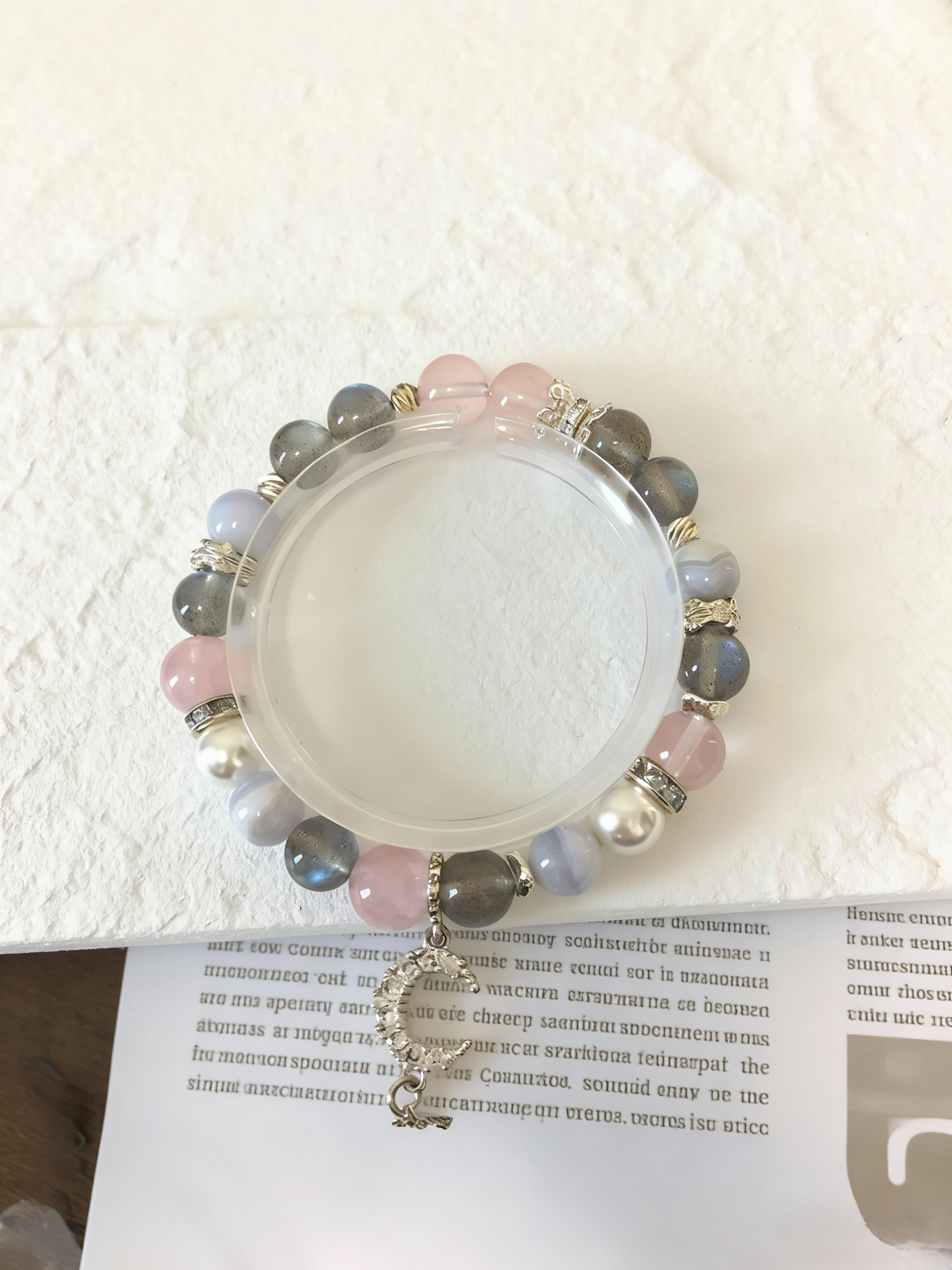 Pink Moon & Blue Connection · Transparent Rose Quartz & Gray Moonstone Love Bracelet, Blue Lace Agate Happiness Bracelet