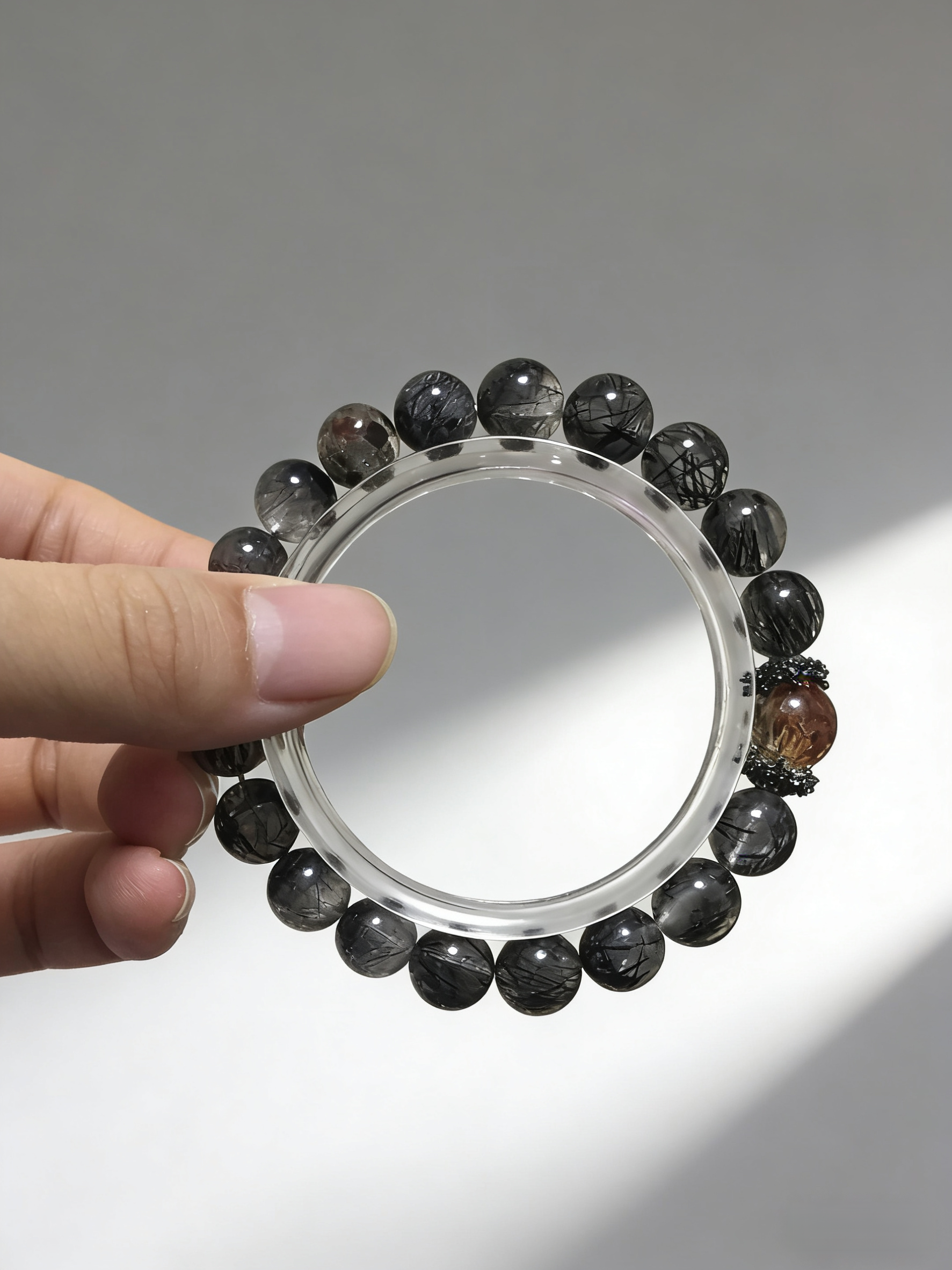 Black Hair Crystal & Rutilated Quartz Protection Bracelet - Evil-Warding Peaceful Crystal Bracelet 