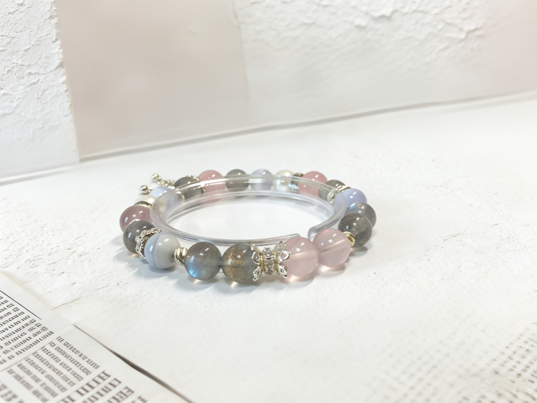 Pink Moon & Blue Connection · Transparent Rose Quartz & Gray Moonstone Love Bracelet, Blue Lace Agate Happiness Bracelet