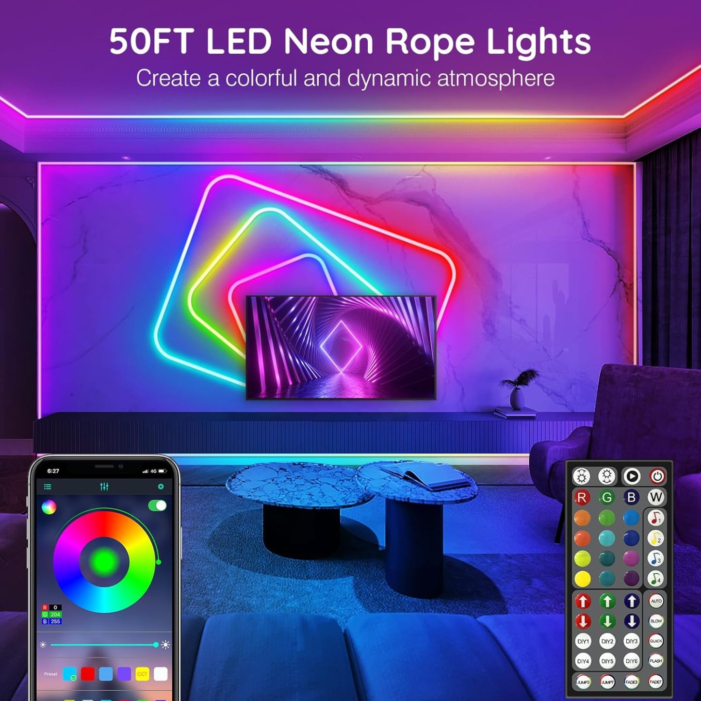 AILBTON 50FT Led Neon Rope Lights Control with App/Remote,Flexible Led Rope Light,Multiple Modes,IP65 Outdoor RGB Lights Waterproof,Music Sync Gaming Led Neon Strip Light for Bedroom Decor (50FT)