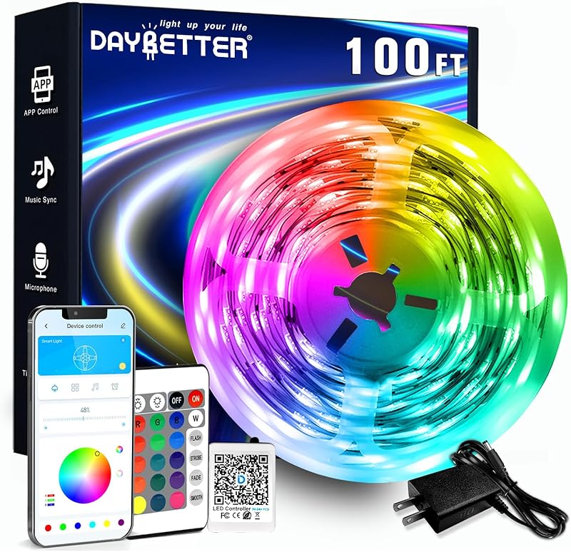 DAYBETTER LED Strip Lights 400ft (4 Rolls of 100ft), Color Changing Lights Strip for Bedroom, Desk, Indoor, Room Bedroom, Girl Boy Brithday Gifts RGB Decor with Remote and 24V Power Supply