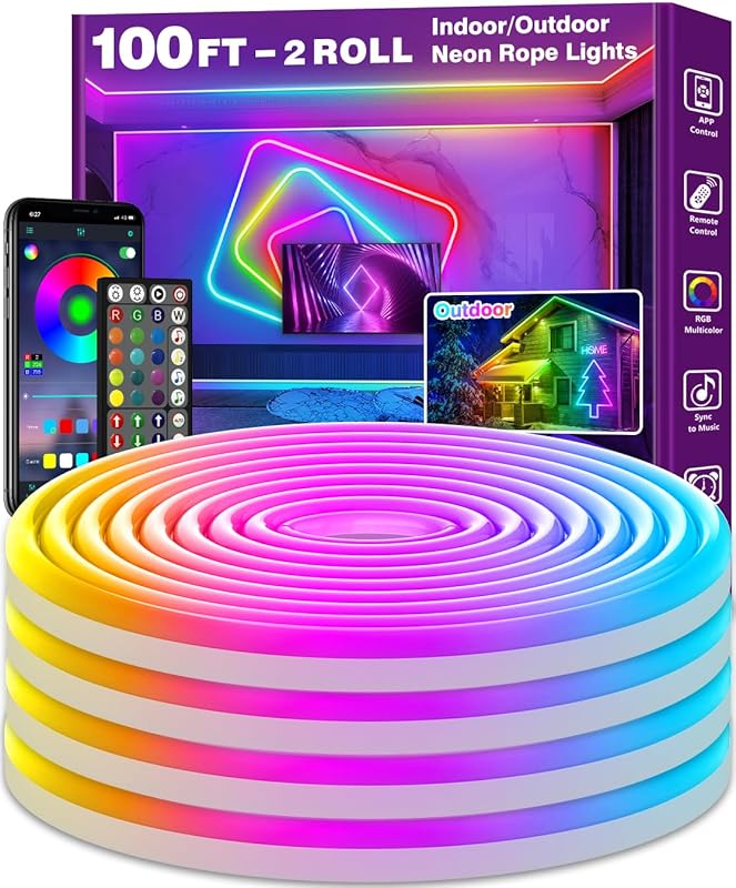 AILBTON 50FT Led Neon Rope Lights Control with App/Remote,Flexible Led Rope Light,Multiple Modes,IP65 Outdoor RGB Lights Waterproof,Music Sync Gaming Led Neon Strip Light for Bedroom Decor (50FT)